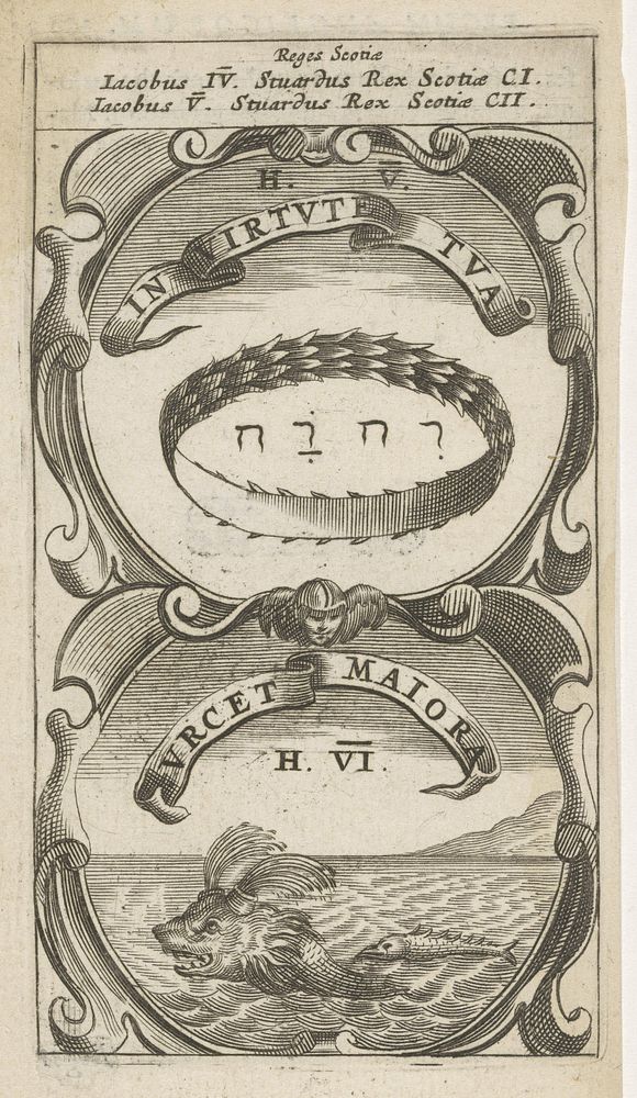 Kroon met naam van God / Vis zwemmend achter een dolfijn (1666) by anonymous and Aegidius Sadeler II