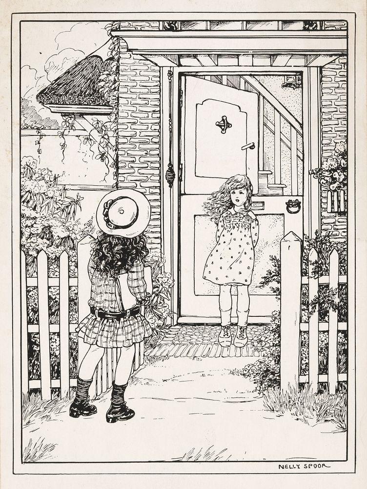 Twee meisjes bij een voordeur (1916) by anonymous and Nelly Spoor