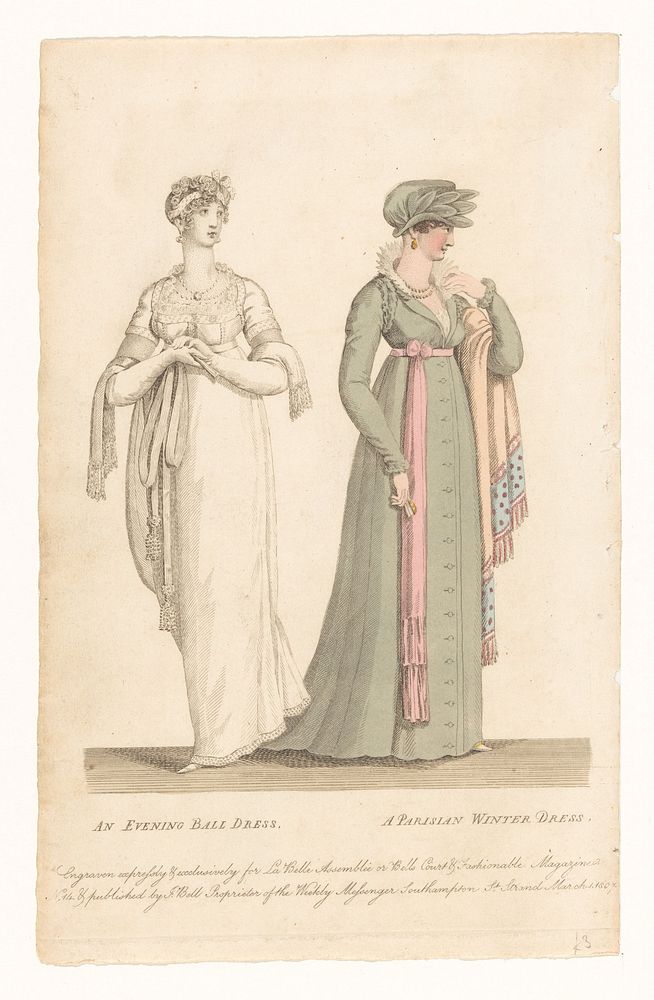 La Belle Assemblée, March 1 1807, No. 14: An evening ball dress / A Parisian winter dress (1807) by anonymous and John Bell…