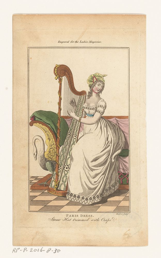 Magazine of Female Fashions of London and Paris, PARIS DRESS. Straw-Hat trimmed with Crape. (1800) by Henry Mutlow and…