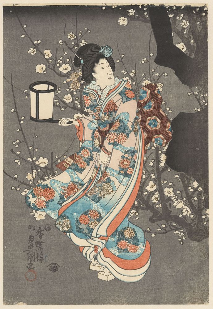 Het bewonderen van de pruimenbloesem (c. 1850) by Kunisada II  Utagawa and Tsutaya Kichizo