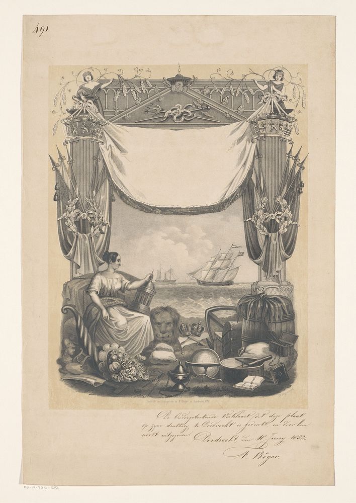 Ontwerp voor een titelpagina met stedenmaagd, leeuw en zeegezicht (1852) by anonymous, G Engels, Frederik Böger and Frederik…