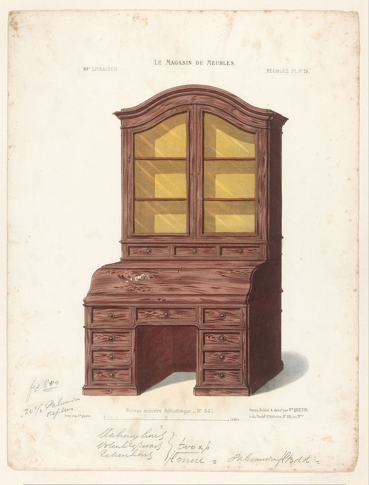 Bureau met boekenkast (1832 - 1877) by anonymous, Victor Joseph Quétin, Victor Joseph Quétin and Victor Joseph Quétin