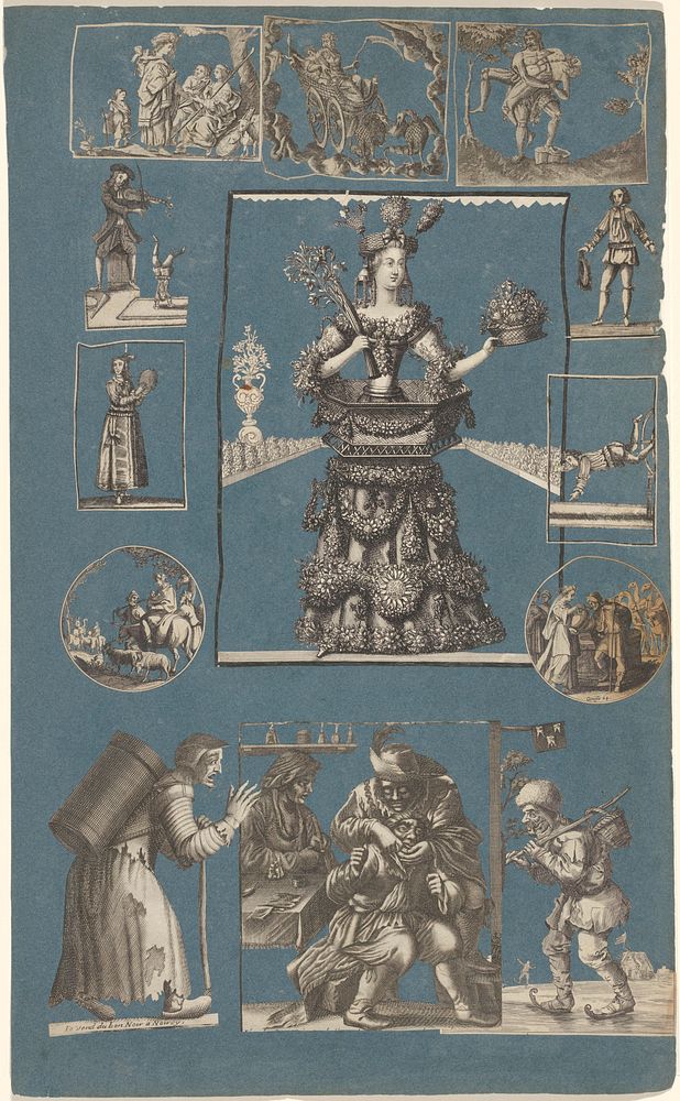 Collage van uitgeknipte prenten geplakt op albumblad van blauw papier (c. 1650 - c. 1700) by diverse vervaardigers