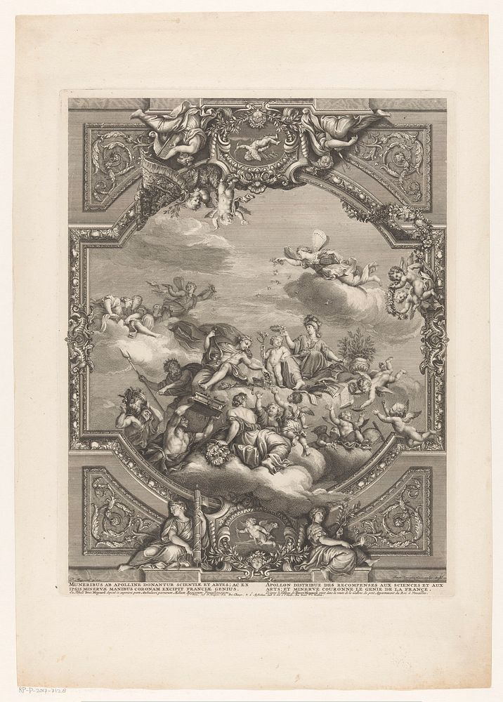 Apollo deelt beloningen uit aan Kunsten en Wetenschappen, Minerva kroont het genie van Frankrijk (1711) by Simon Henri…