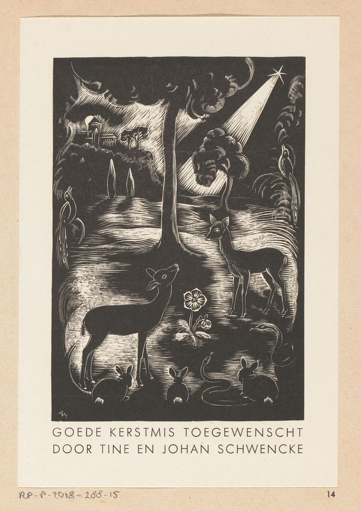 Kerstkaart van Tine en Johan Schwencke (1936) by Agta Meijer