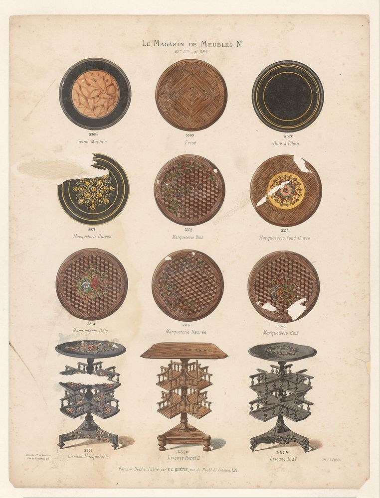 Drie kleine boekentafels en negen tafelbladen met inlegwerk (in or before 1878 - in or after 1904) by anonymous, Victor…