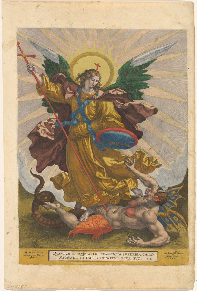 De aartsengel Michaël verslaat de duivel (1585) by Hieronymus Wierix, Maerten de Vos, Monogrammist AB eind 16e eeuw…