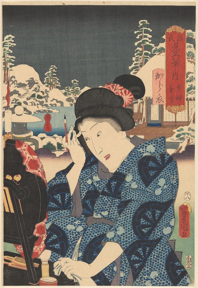 Karaginu voor een make-up spiegel (1858) by Utagawa Kunisada I, Utagawa Kunihisa and Kakumotoya Kinjirô