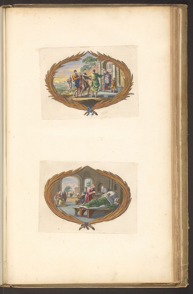 Blad met twee vignetten (1700) by Dirk Janszoon van Santen, Jan Luyken and Pieter Mortier I