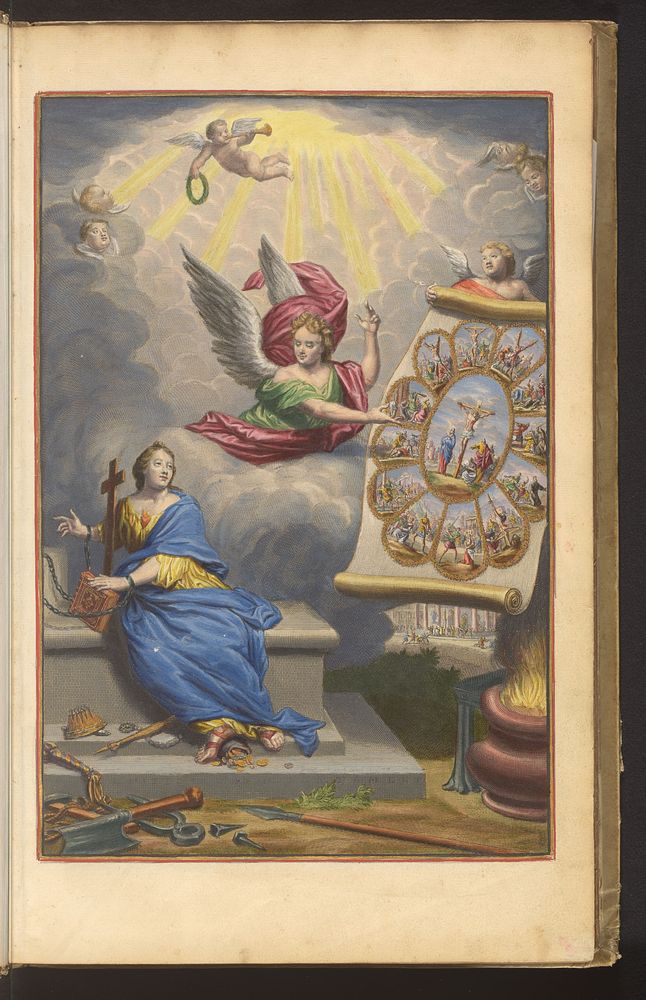 Titelprent met engel die aan geketende Geloof het martelaarschap van Christus en de twaalf Apostelen toont (1700) by Dirk…