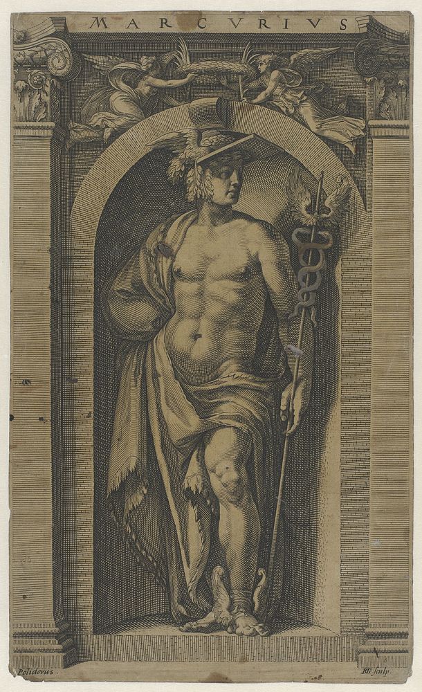 Mercurius (1592) by Hendrick Goltzius, Hendrick Goltzius, Polidoro da Caravaggio and Hendrick Goltzius