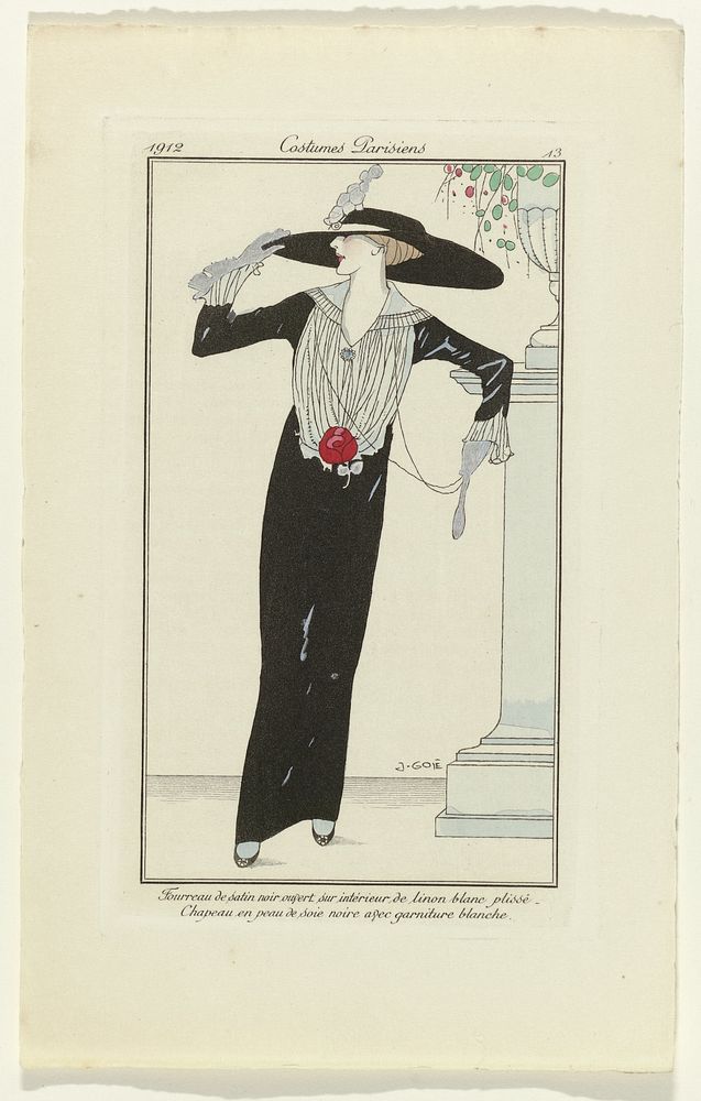 Journal des Dames et des Modes, 1912, Costumes Parisiens, no. 13: Fourreau de satin noir (...) (1912) by anonymous