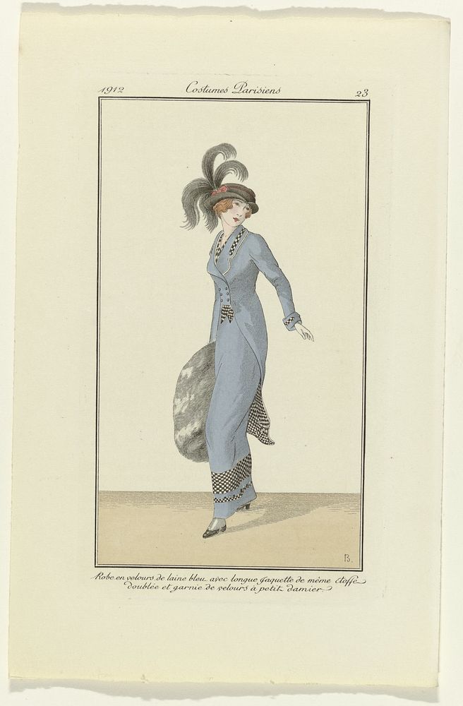 Journal des Dames et des Modes, 1912, Costumes Parisiens, no. 23: Robe en velours de laine bleu (...) (1912)