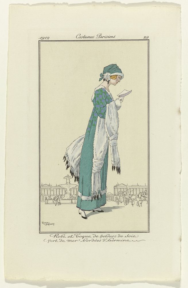 Journal des Dames et des Modes, 1912, Costumes Parisiens, no. 29: Robe de Toque de velours (...) (1912) by anonymous