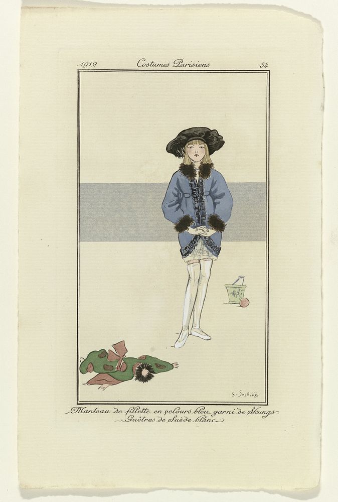Journal des Dames et des Modes, Costumes Parisiens, 1912, No. 34 : Manteau de fillett (...) (1912) by S Sosboiie and…
