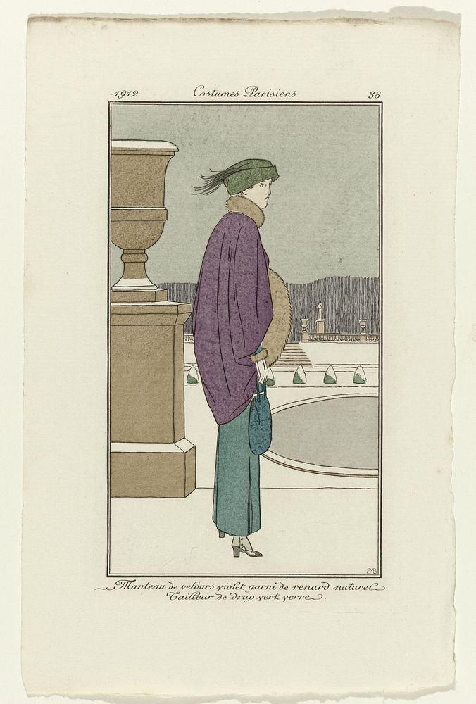 Journal des Dames et des Modes, 1912, Costumes Parisiens, no. 38: Manteau de velours violet (...) (1912) by anonymous