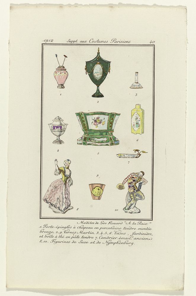 Journal des Dames et des Modes, 1912, Suppl. aux Costumes Parisiens, no. 40: Modèles de Geo Rouard "A la Paix" (1912) by…