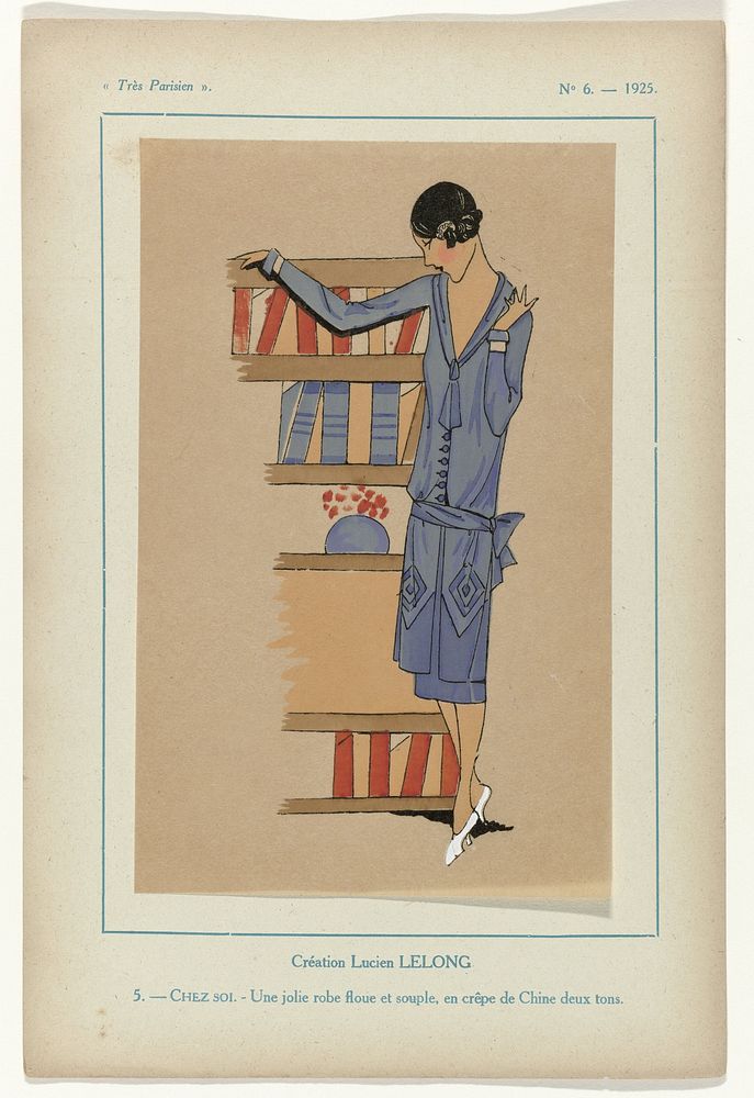 Très Parisien, 1925 No. 6, Pl. 5: Création Lucien LELONG. - CHEZ SOI. (1925) by G P Joumard