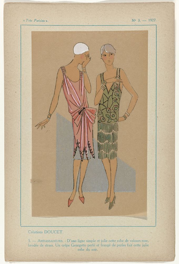 Très Parisien, 1927 No. 3, Pl. 5: Créations DOUCET - AMBASSADEURS (1927) by G P Joumard
