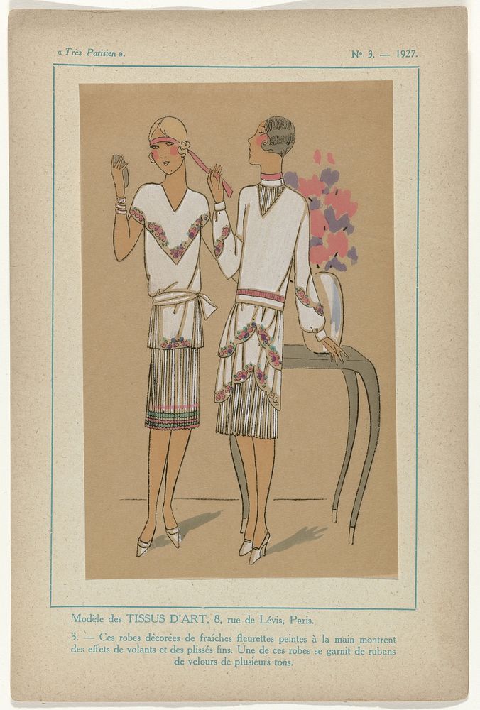 Très Parisien, 1927 No. 3, Pl. 3: Modèles des TISSUS D'ART - Ces robes décorées (...) (1927) by G P Joumard