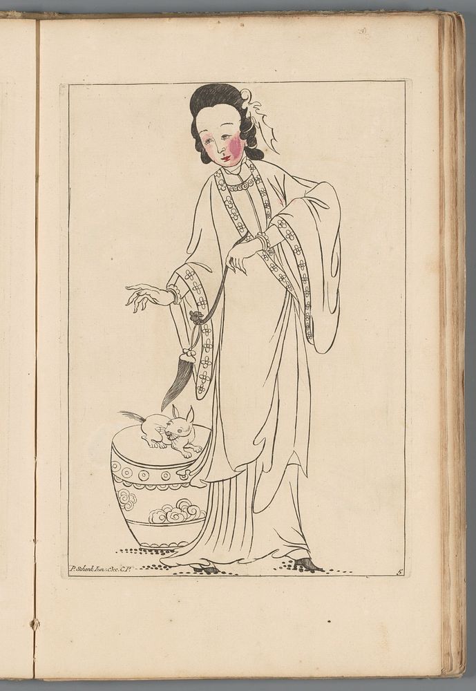 Staande Chinese vrouw in kimono met een dier (1727 - 1775) by Pieter Schenk II, anonymous and Pieter Schenk II