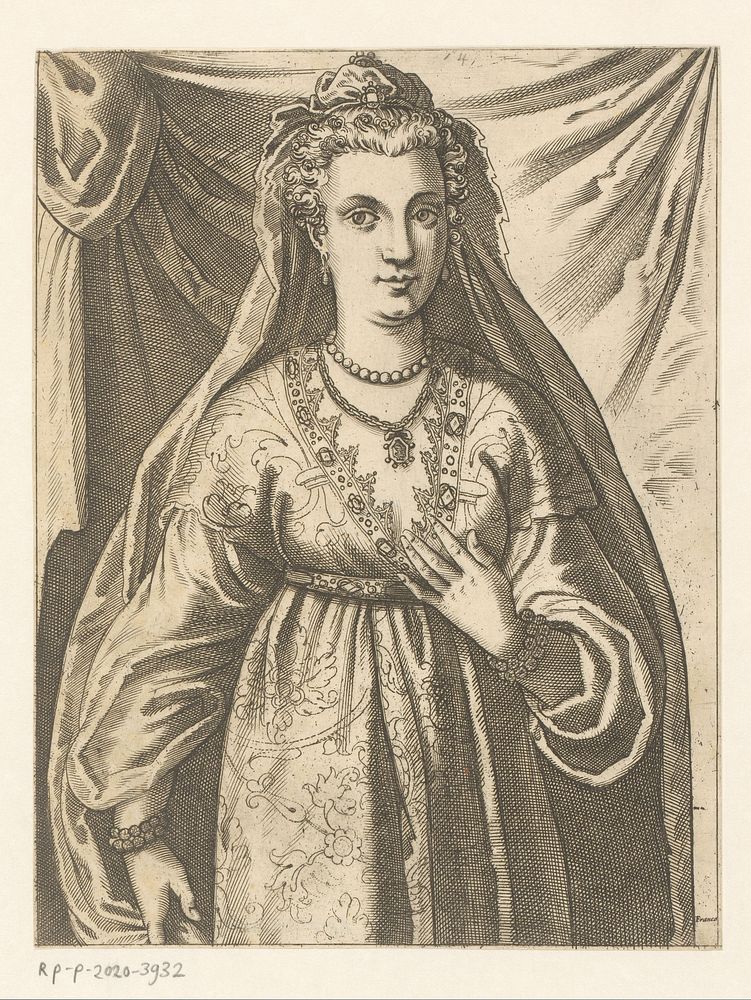 Venetiaanse vrouw met sieraden en lange sluier voor een gordijn (c. 1591 - c. 1610) by Giacomo Franco