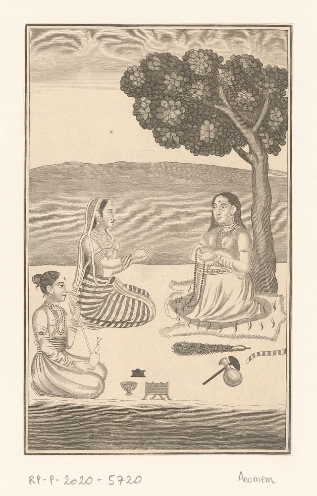 Drie Indiase vrouwen zittend bij een boom (c. 1750 - c. 1800) by anonymous and anonymous