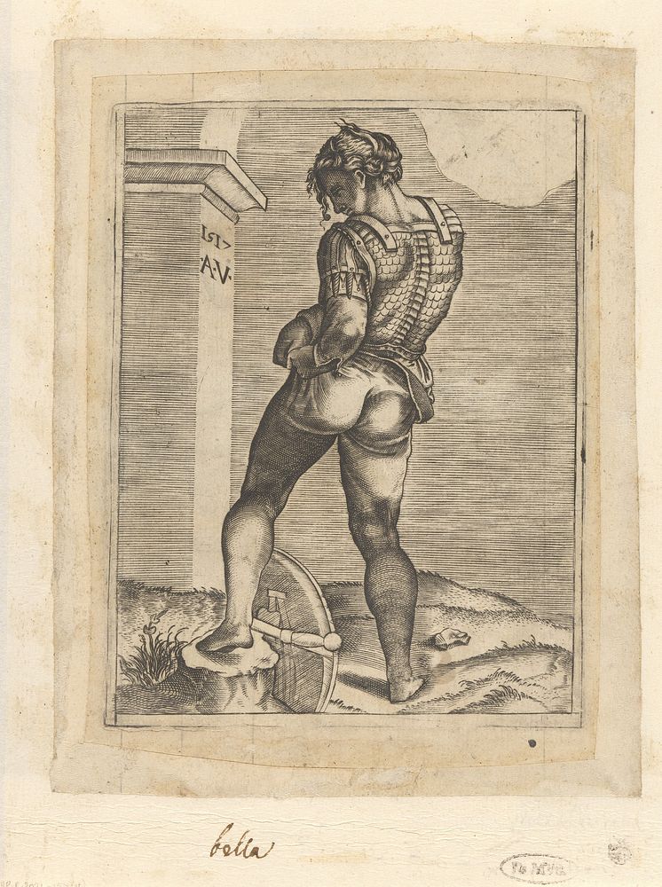 Soldaat die zijn broek aan zijn kuras bevestigt (c. 1517 - c. 1536) by anonymous, Agostino Veneziano and Michelangelo
