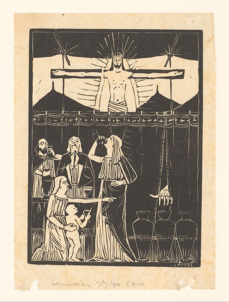 Drinkende mensen bij gekruisigde Christus (1894) by Mathieu Lauweriks