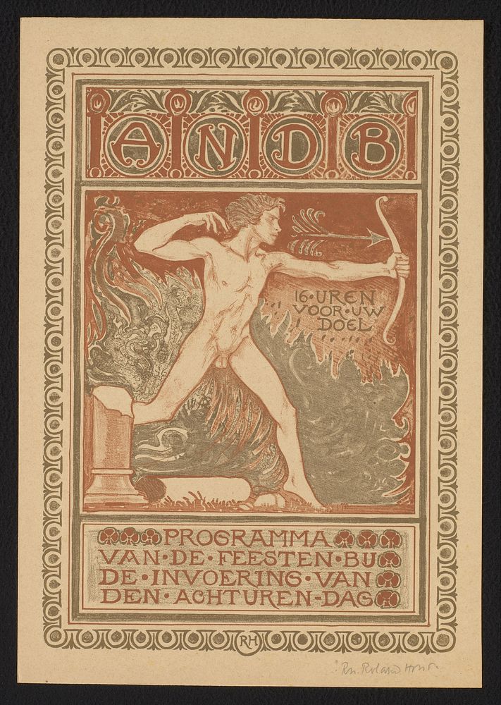 Voorzijde van het omslag van het programma van de 'Feesten bij de invoering van den achturen-dag' van de A.N.D.B. (1911) by…