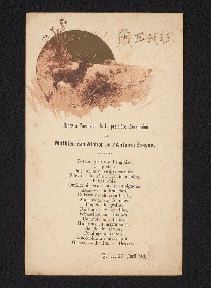 Menu van het diner ter ere van de eerste heilige communie van Mathieu van Alphen en Antoine Steyns (before 1893) by anonymous