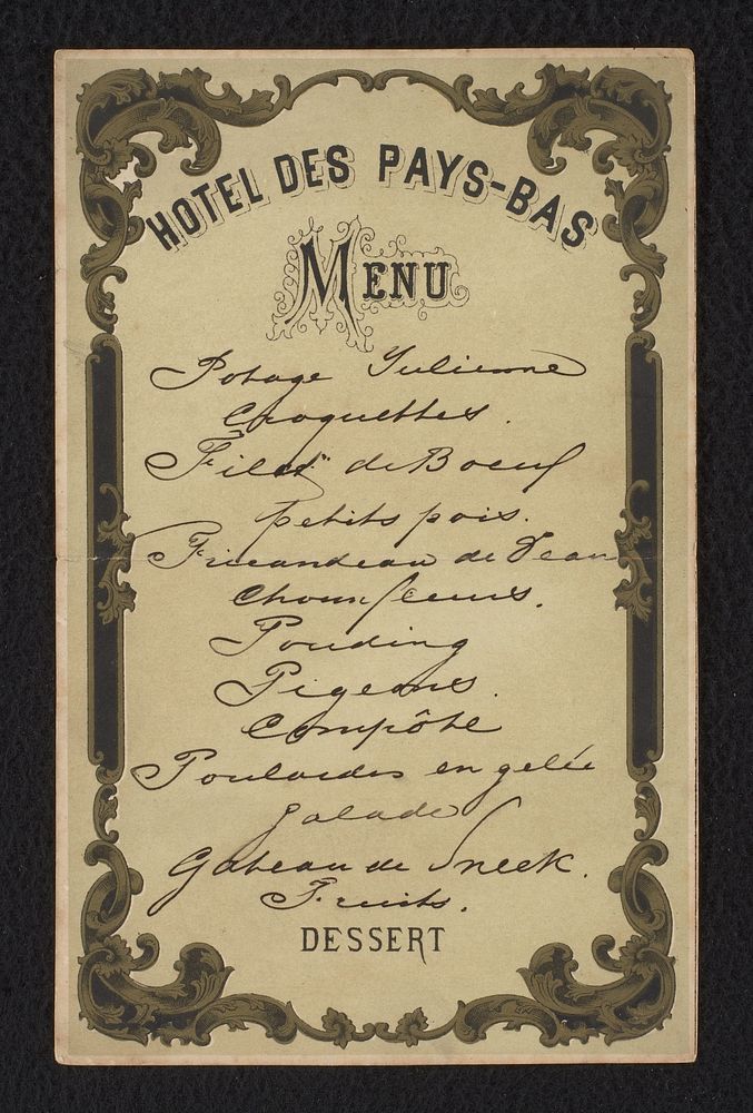Menukaart voor Hotel des Pays-Bas (c. 1850 - c. 1900) by anonymous