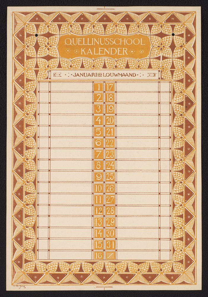 Kalenderblad voor de louwmaand, januari, van een kalender van Kunstnijverheidsschool Quellinus (c. 1885 - c. 1925) by G de…