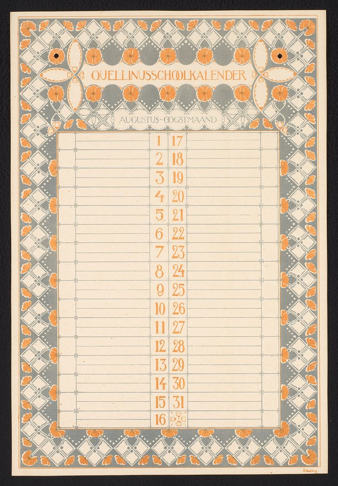 Kalenderblad voor de oogstmaand, augustus, van een kalender van Kunstnijverheidsschool Quellinus (c. 1885 - c. 1925) by G de…