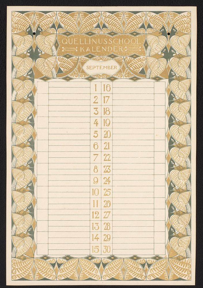 Kalenderblad voor de september, van een kalender van Kunstnijverheidsschool Quellinus (c. 1885 - c. 1925) by…