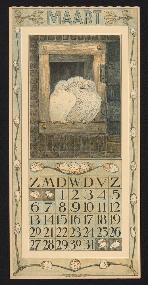 Kalenderblad voor maart 1910 met een paar duiven in een raamkozijn (1909) by Theo van Hoytema, Theo van Hoytema and Tresling…