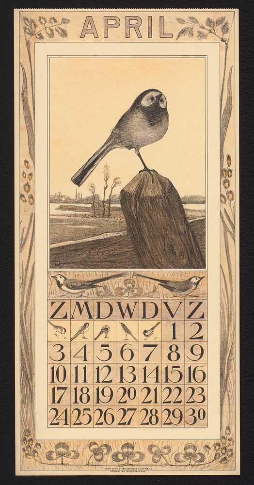 Kalenderblad voor april 1910 met een witte kwikstaart (1909) by Theo van Hoytema, Theo van Hoytema and Tresling and Comp