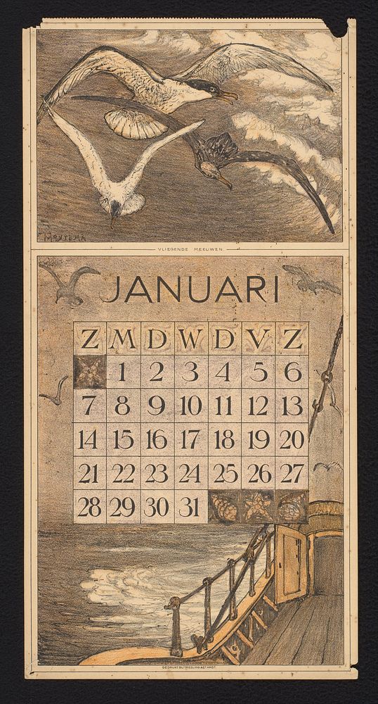 Kalenderblad voor januari 1912 met drie meeuwen boven zee (1911) by Theo van Hoytema, Theo van Hoytema and Tresling and Comp