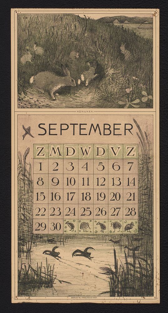 Kalenderblad voor september 1912 met konijnen en meerkoeten (1911) by Theo van Hoytema, Theo van Hoytema and Tresling and…