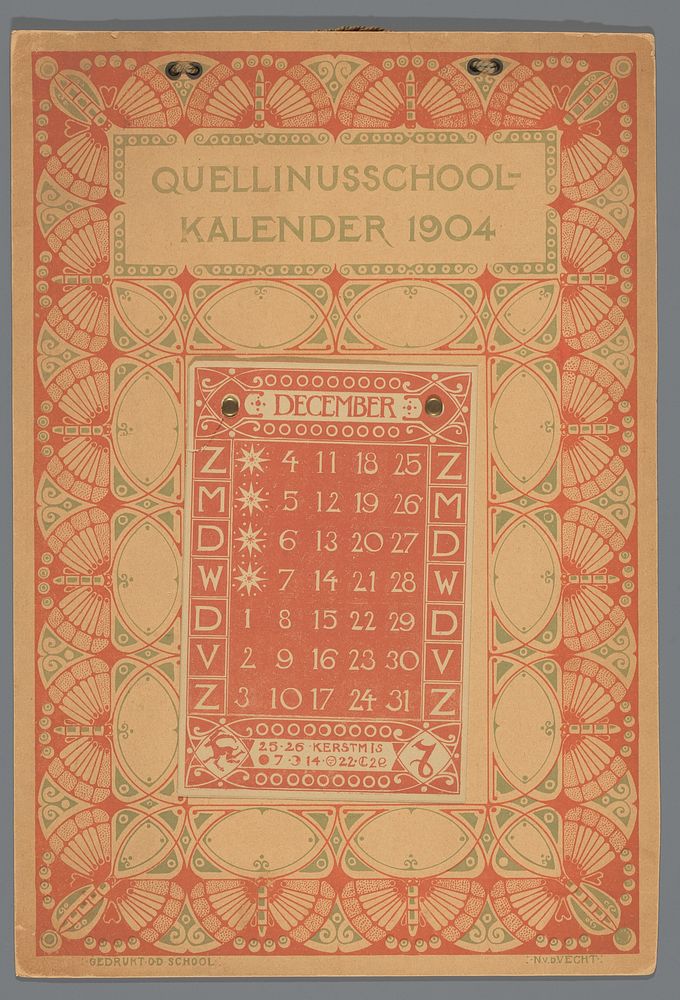 Kalender van de Quellinusschool voor december 1904 (1903) by Nicolaas van de Vecht, Kunstnijverheidsschool Quellinus and…