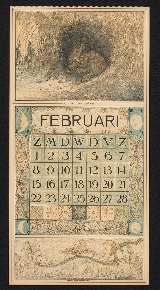 Kalenderblad voor februari 1914 met een konijn (1913) by Theo van Hoytema, Theo van Hoytema and Tresling and Comp