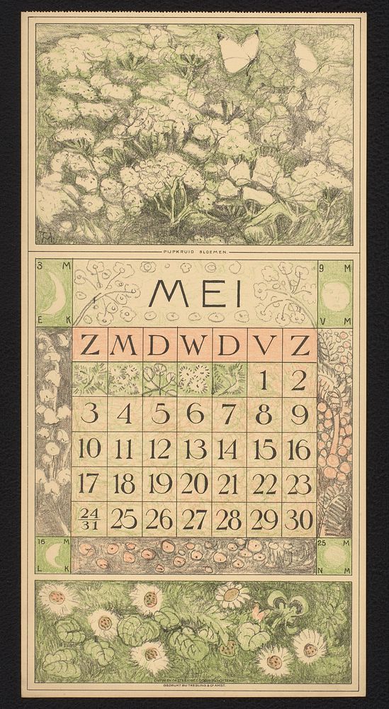 Kalenderblad voor mei 1914 met bloeiend fluitenkruid (1913) by Theo van Hoytema, Theo van Hoytema and Tresling and Comp