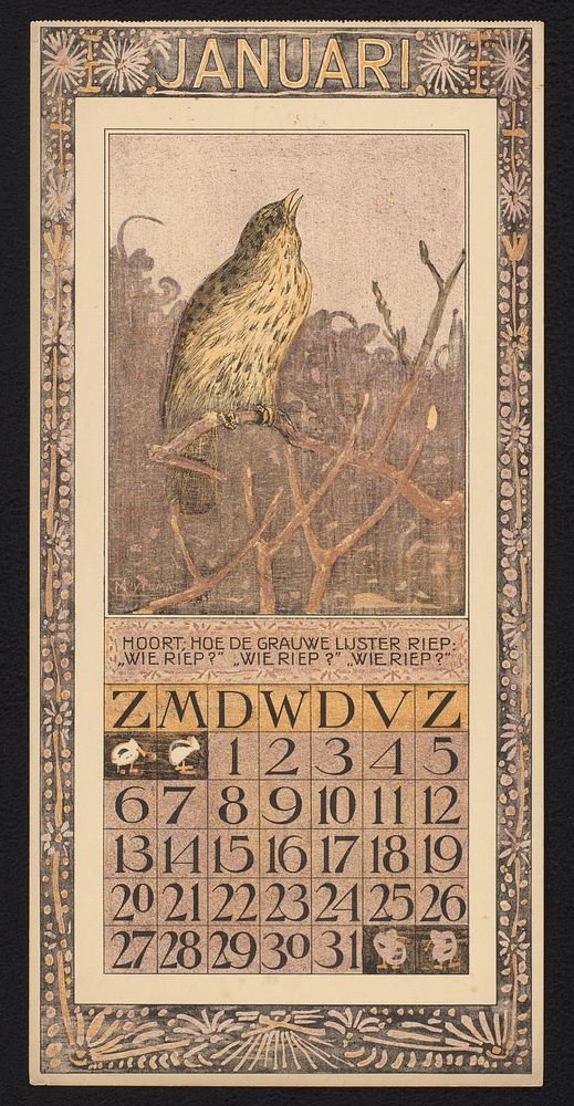 Kalenderblad voor januari 1907 met een zanglijster (1906) by Theo van Hoytema, Theo van Hoytema and Tresling and Comp