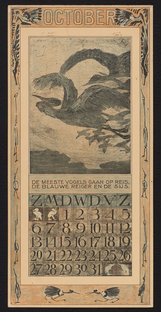 Kalenderblad voor oktober 1907 met reigers op trek (1906) by Theo van Hoytema, Theo van Hoytema and Tresling and Comp
