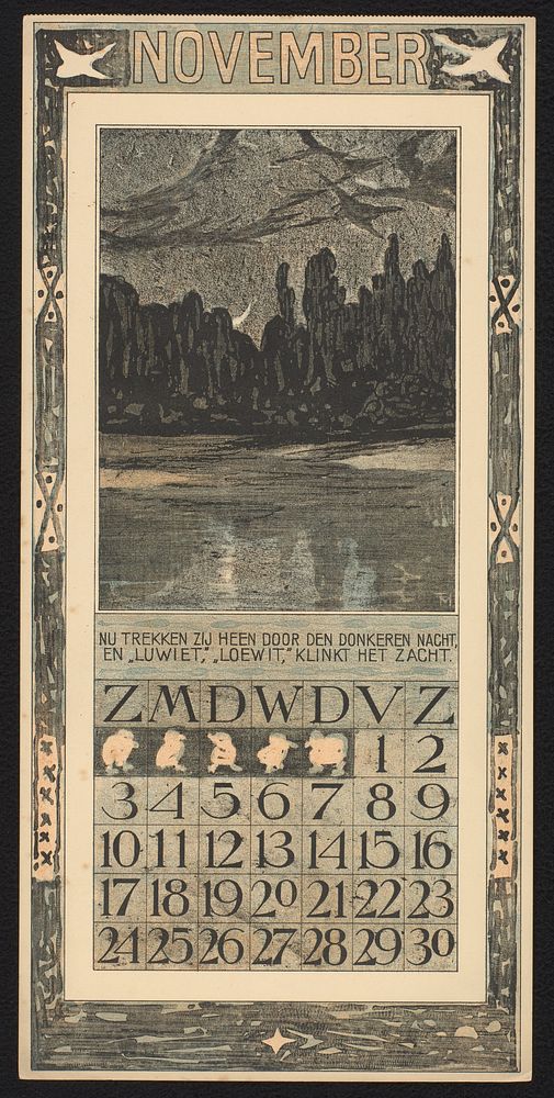 Kalenderblad voor november 1907 met trekvogels in een nachtlandschap (1906) by Theo van Hoytema, Theo van Hoytema and…