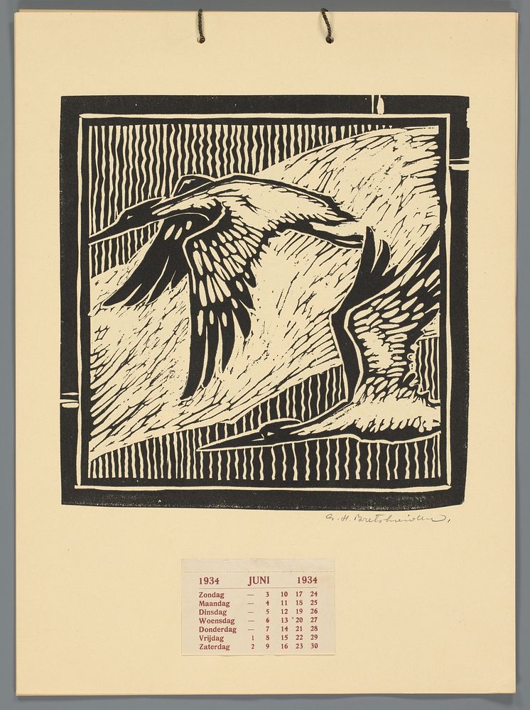 Kalenderblad voor juni 1934 met vliegende reigers (1933) by G H Bretschneider