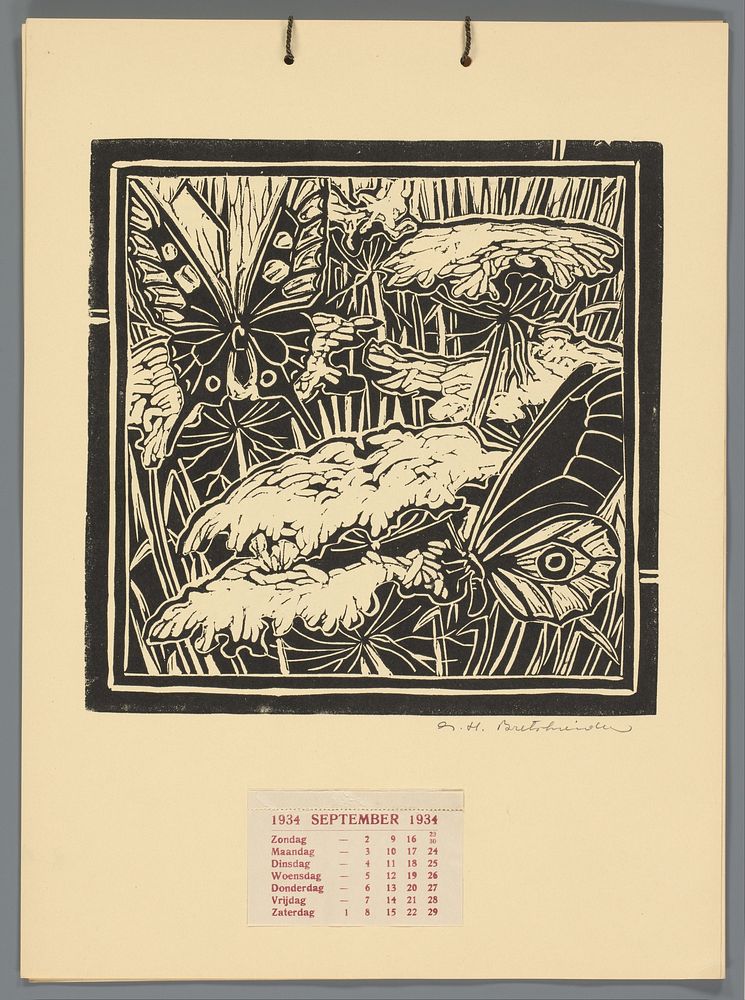 Kalenderblad voor september 1934 met vlinders op bloemen (1933) by G H Bretschneider