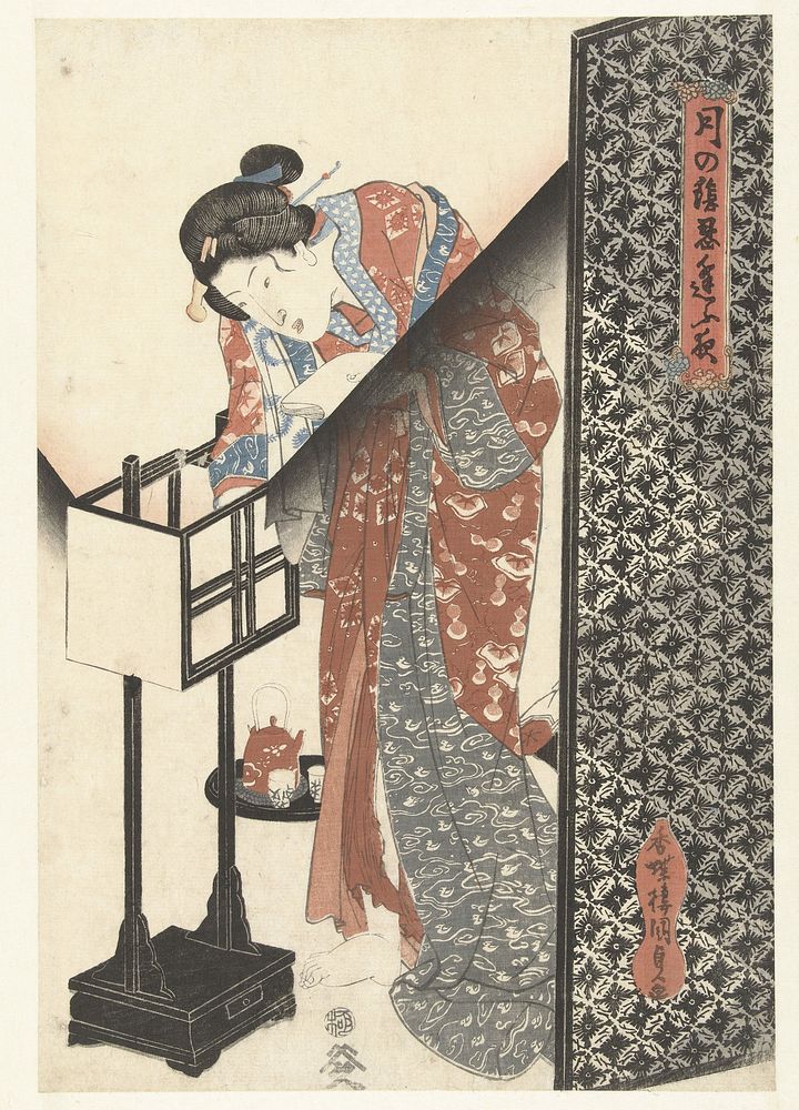Vrouw bij lamp (1836 - 1838) by Utagawa Kunisada I and Yamamoto Heikichi