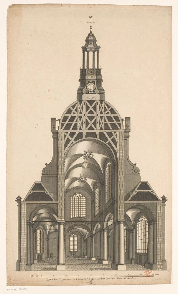 Doorsnede van een koepelkerk voor op de Botermarkt te Amsterdam (1736) by Joost van Sassen, Dirk Truer, Reinier Ottens I and…